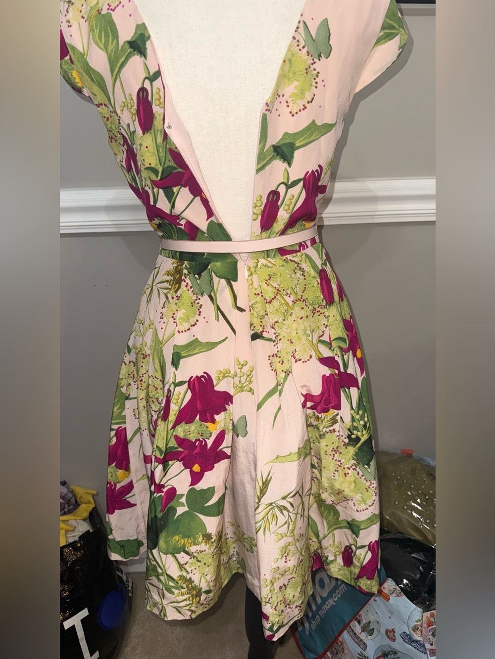 Ted Baker London Pale Pink Midi Dress with Fuchsia & Green Floral Print - Picture 6 of 13